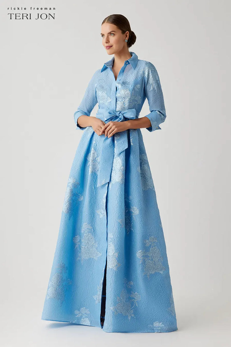 Teri Jon Metallic Jacquard Long Evening Dress 266075