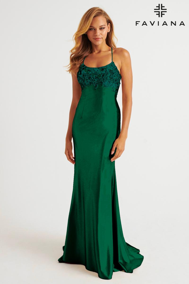 Faviana Sequin Applique Satin Prom Dress E11201 Dark Emerald / 6 Faviana Sequin Applique Satin Prom Dress E11201 Dark Emerald / 6