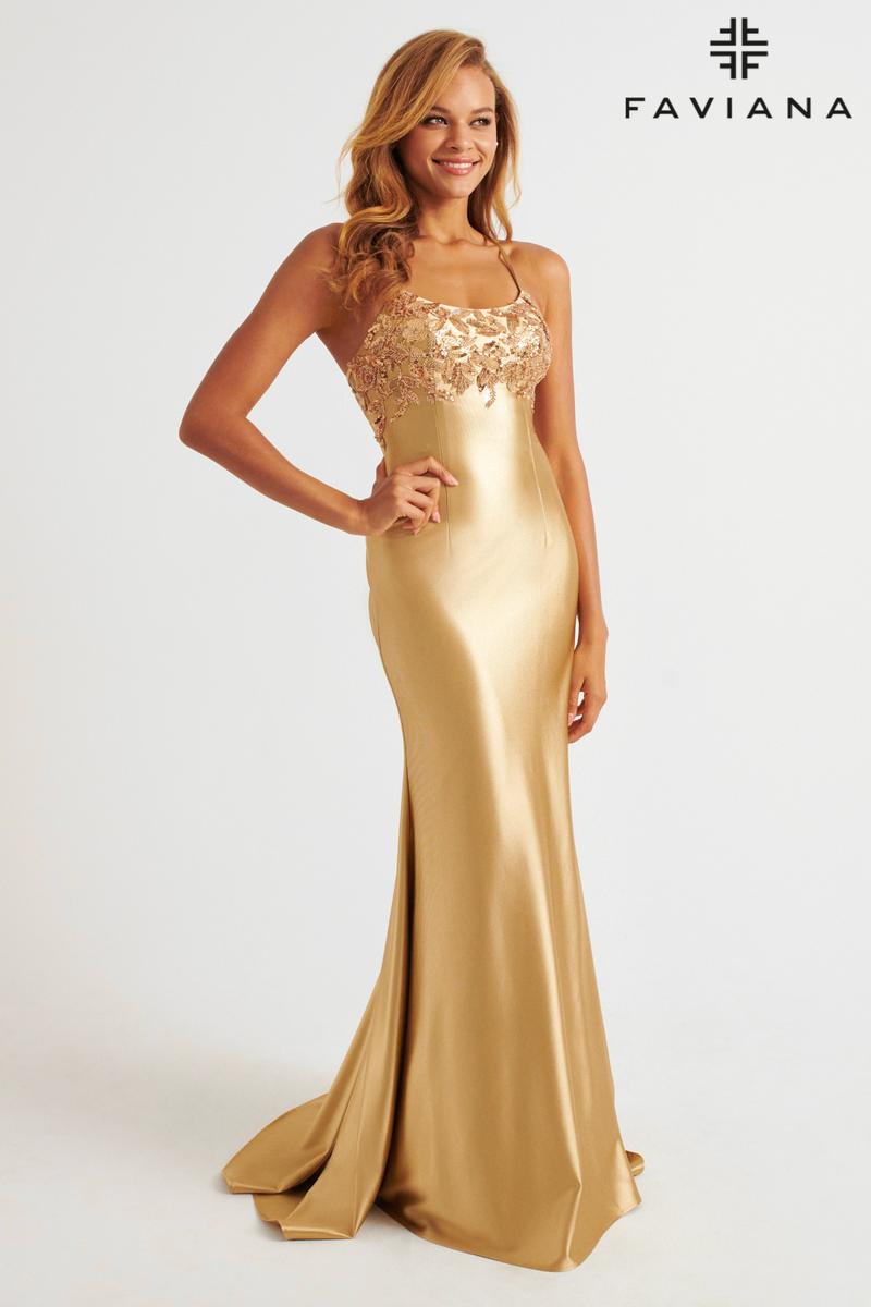 Faviana Sequin Applique Satin Prom Dress E11201 Bubblegum Pink / 00 Faviana Sequin Applique Satin Prom Dress E11201 Bubblegum Pink / 00