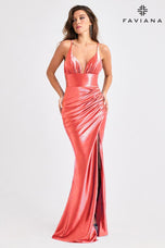 Faviana Plunging Ruched Satin Prom Dress E11423
