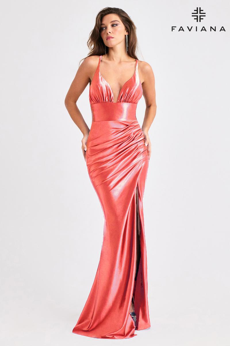 Faviana Plunging Ruched Satin Prom Dress E11423