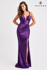 Faviana Plunging Ruched Satin Prom Dress E11423