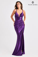 Faviana Plunging Ruched Satin Prom Dress E11423