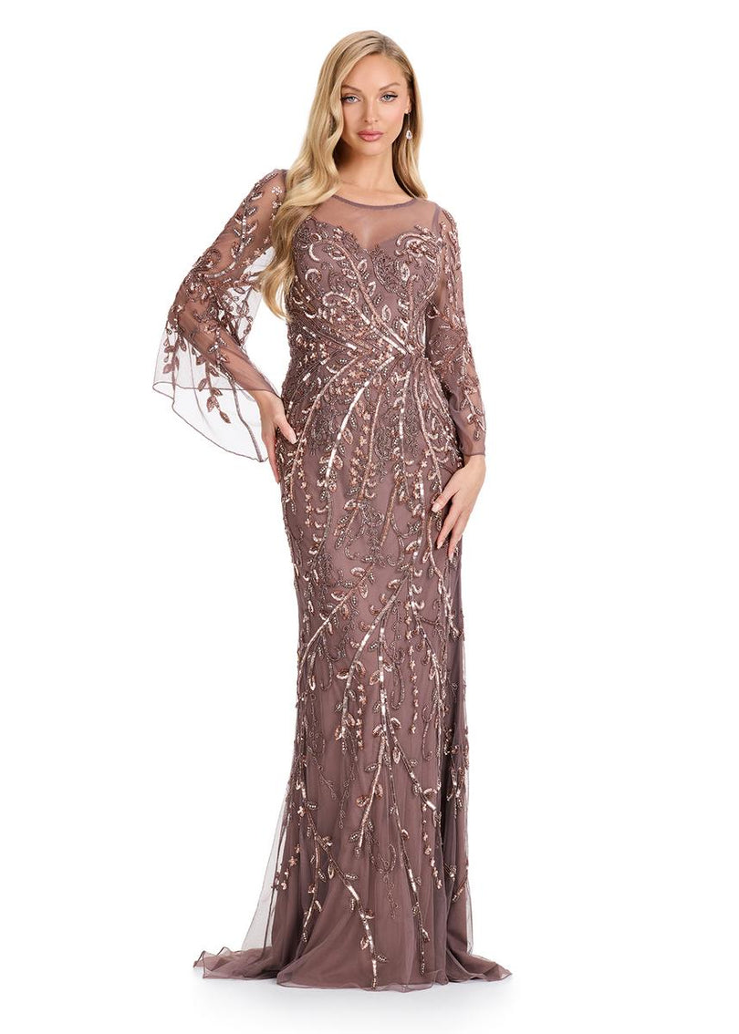sheer evening dress ASHLEYlauren Sheer Long Sleeve Evening Gown E12105