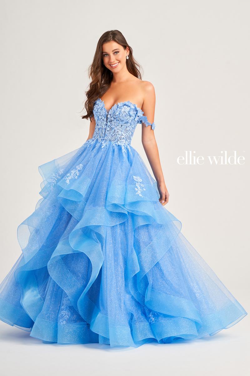 Blue Tulle Long Sleeves Off Shoulder Prom Dresses PL423 | Promnova