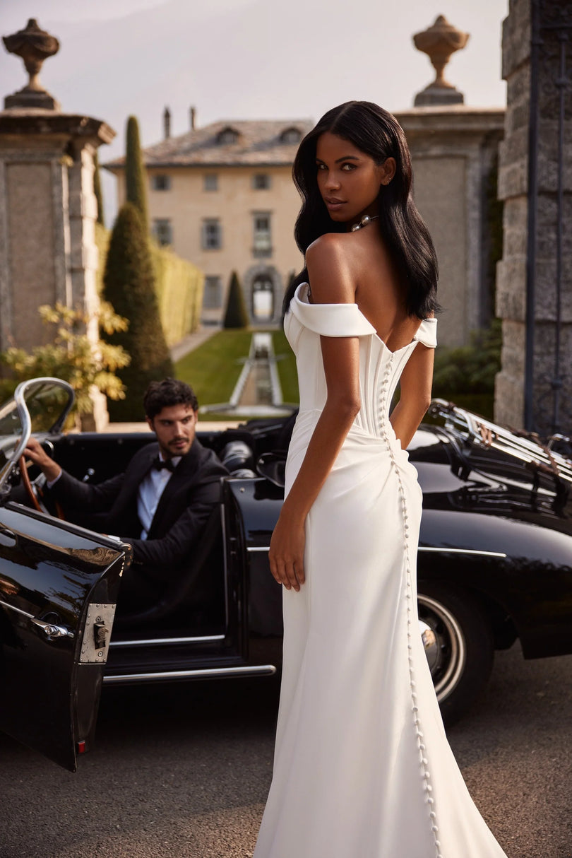 Sherri Hill Off Shoulder Corset Bridal Gown with Slit 81129 Sherri Hill Off Shoulder Corset Bridal Gown with Slit 81129