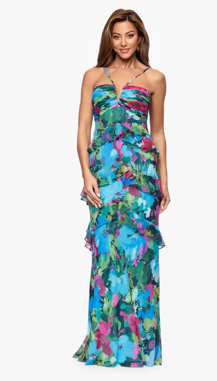 xscape maxi dress Xscape Women's V-Neck Tiered Gown - Turquoise Multi