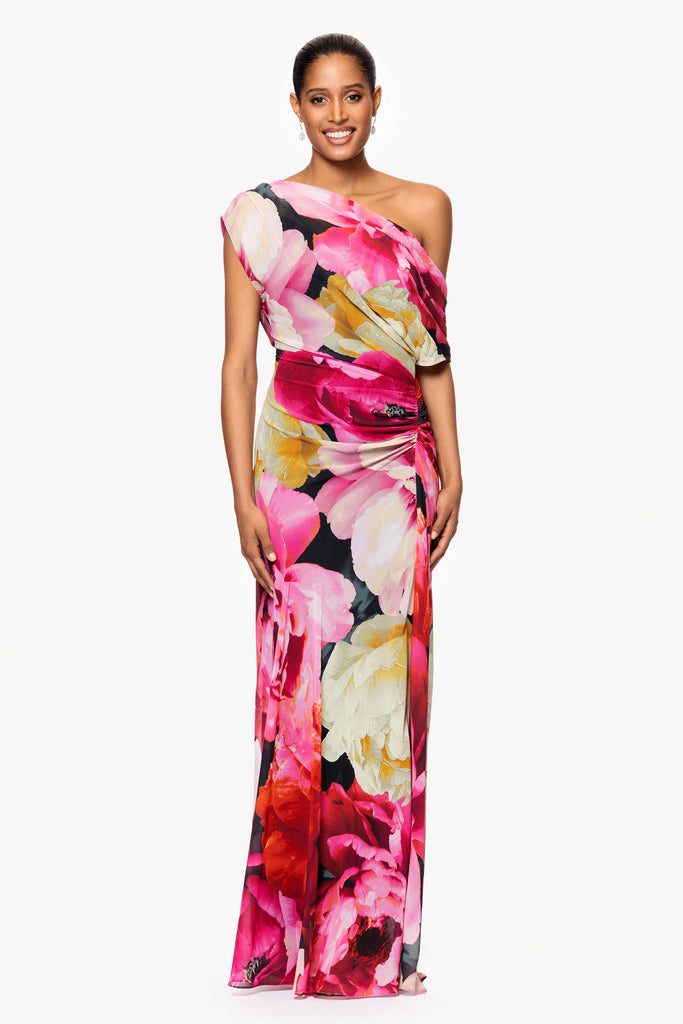 Betsy and Adam "Dawn" Floral Print Chiffon Drop Shoulder Dress A27011