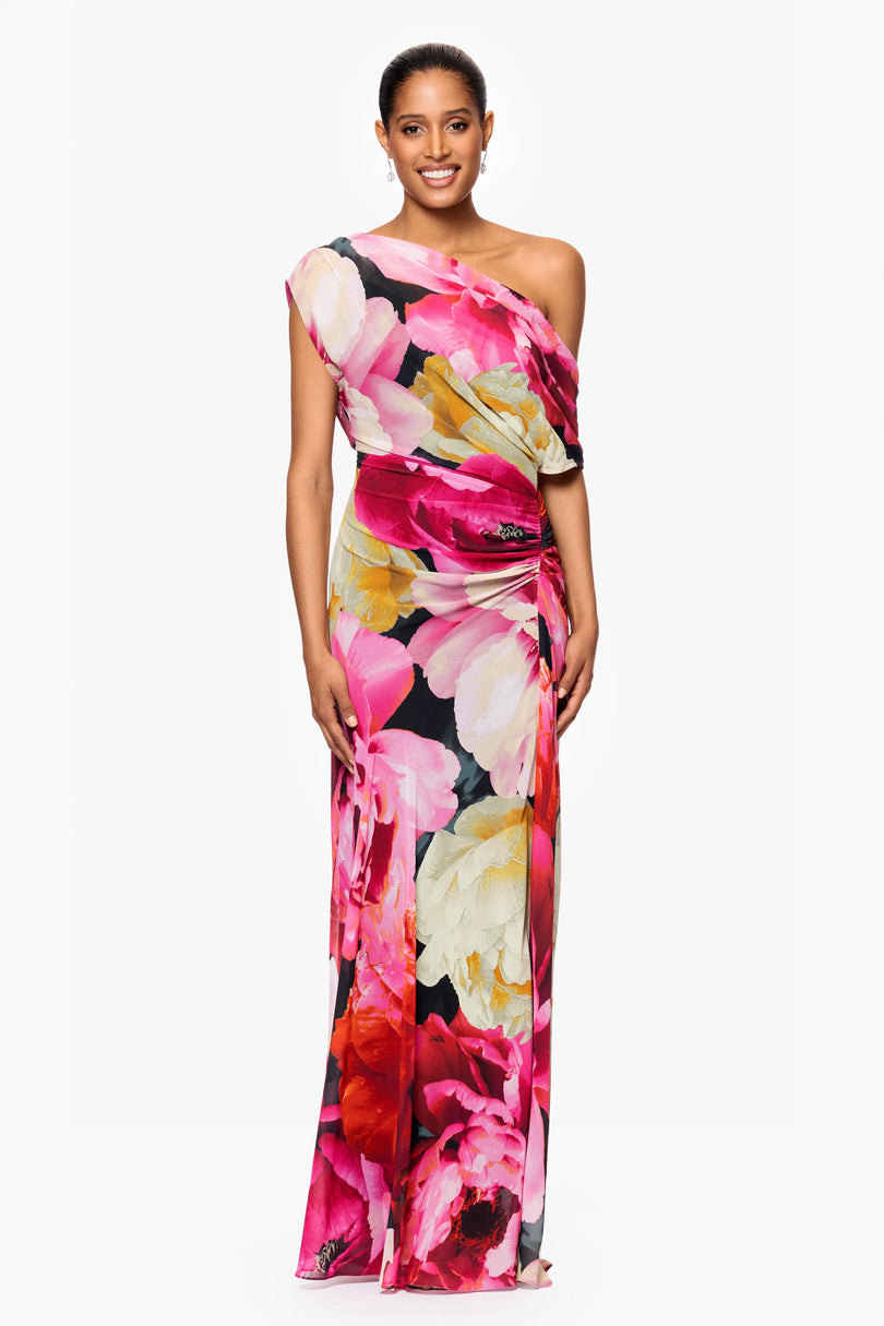 Betsy & Adam Dawn Floral Chiffon Drop Shoulder Dress A27011 Betsy & Adam Dawn Floral Chiffon Drop Shoulder Dress A27011