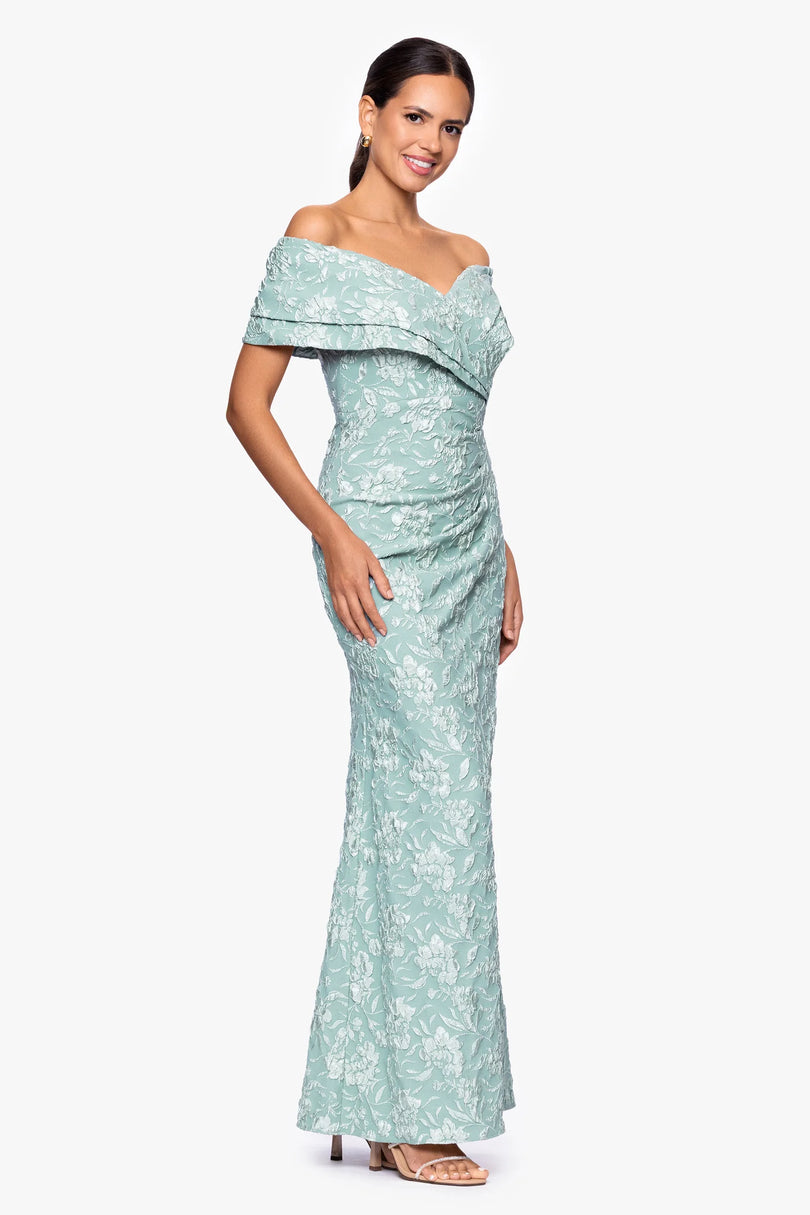 betsy and adam beaded sleeve dress Betsy & Adam Plus Foil Printed Mesh Gown - Navy/Gold