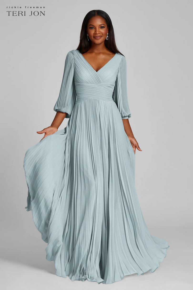Teri Jon Pleated Chiffon Puff Sleeve Evening Dress 209098 Teri Jon Pleated Chiffon Puff Sleeve Evening Dress 209098