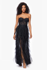 Betsy & Adam "Angelina" Strapless Mesh Ruffle Dress A26845