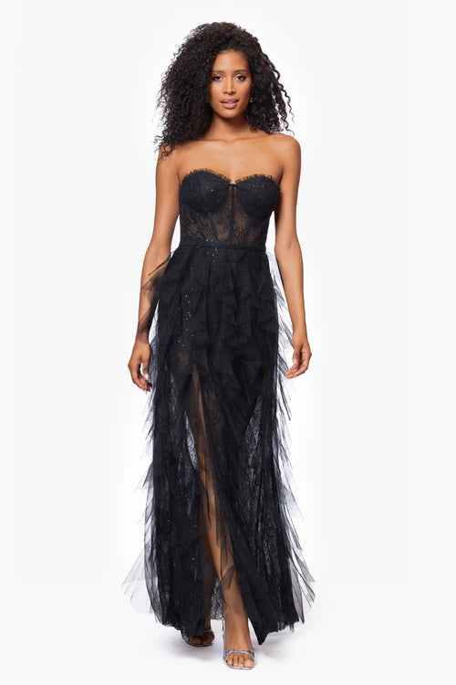 Betsy & Adam "Angelina" Strapless Mesh Ruffle Dress A26845