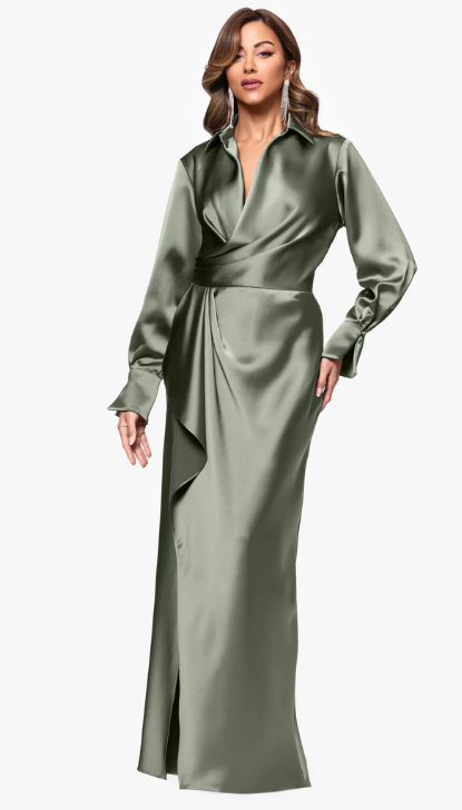 xscape women dresses Xscape Long Satin Collared Evening Dress 6648X