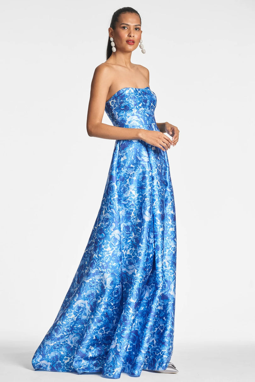 giavana strapless layered midi dress floral embossed blue Giavana Strapless Layered Midi Dress Floral Embossed Blue