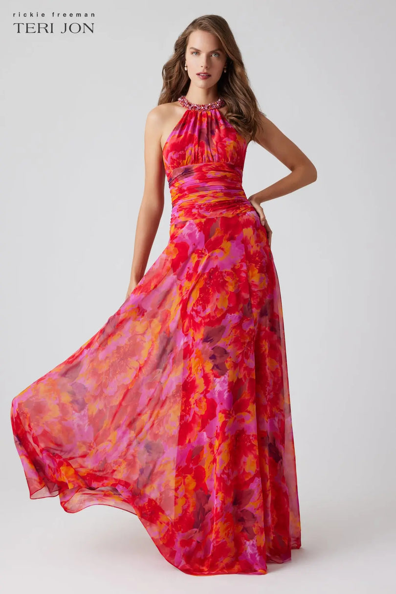 Teri Jon Floral Print Chiffon Beaded Halter MaxiDress 256019 Teri Jon Floral Print Chiffon Beaded Halter MaxiDress 256019