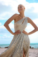 Betsy and Adam "Mariah" Metallic Foil Knit One Shoulder Dress A27193