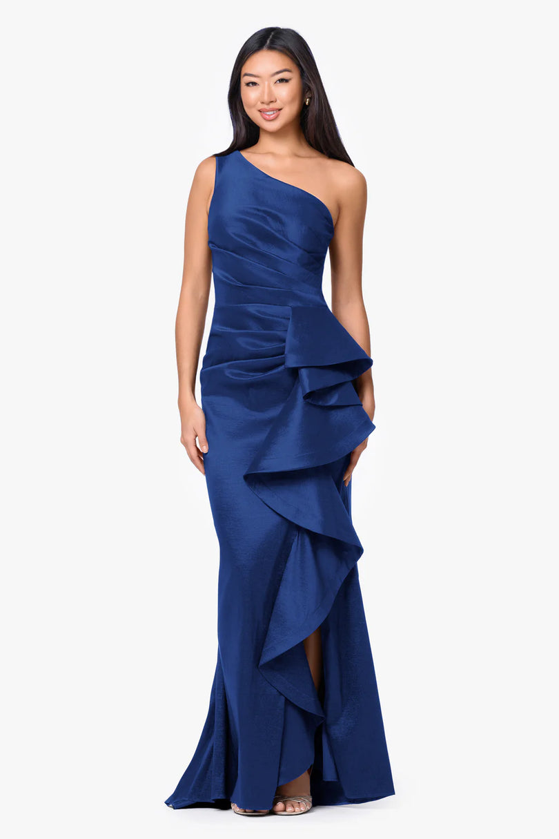 Betsy & Adam On Shoulder Taffeta Long Evening Dress A28177