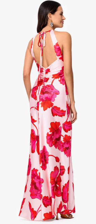 xscape red dress Xscape Women's Sleeveless Halter Neck Printed Long Dress - RED PINK