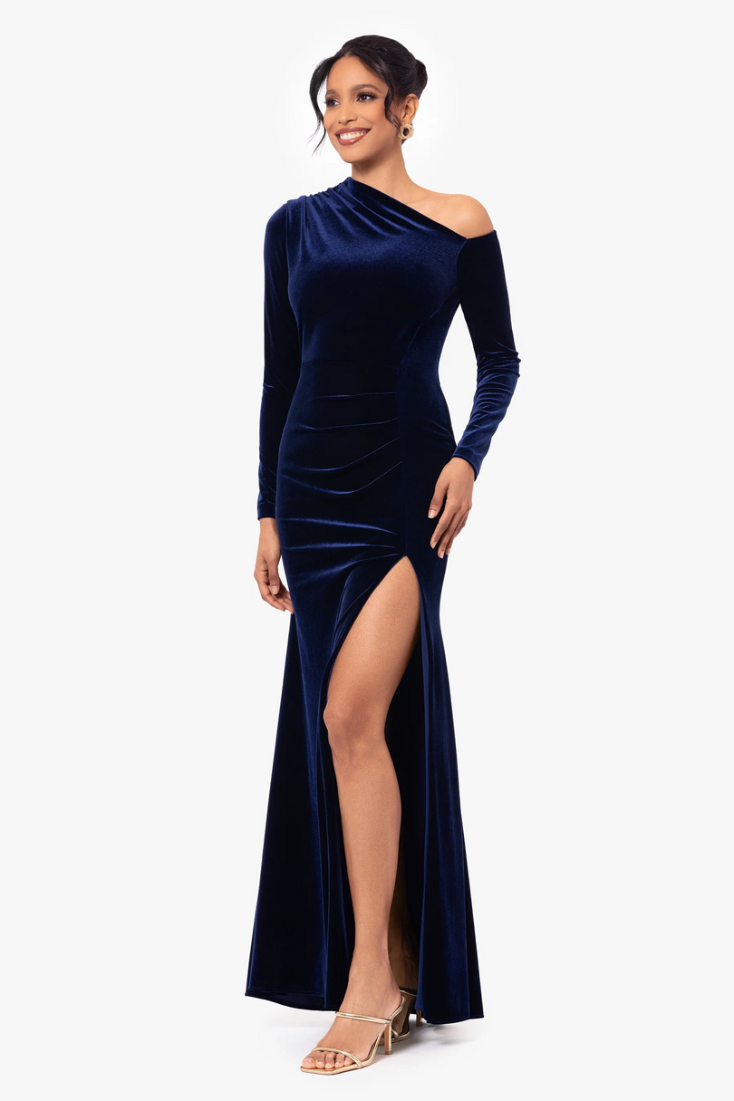 Betsy & Adam Women's One-Shoulder Long Sleeve Velvet Gown - Green - Gowns Betsy & Adam Women's One-Shoulder Long Sleeve Velvet Gown - Green - Gowns