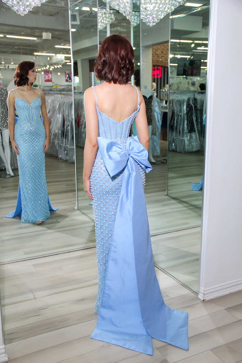 Sherri Hill Illusion Pearl Corset Bow Prom Dress 57560