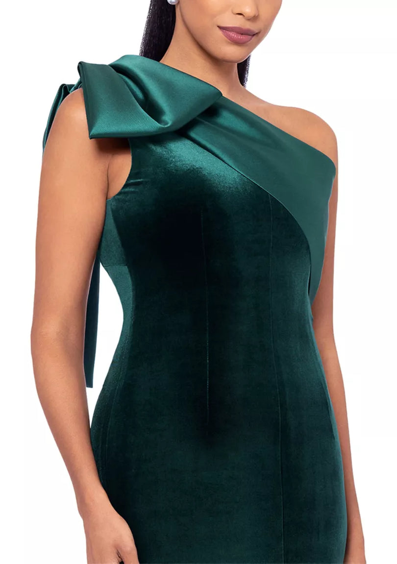 Betsy and Adam "Elena" Velvet One Shoulder Bow Dress A26732