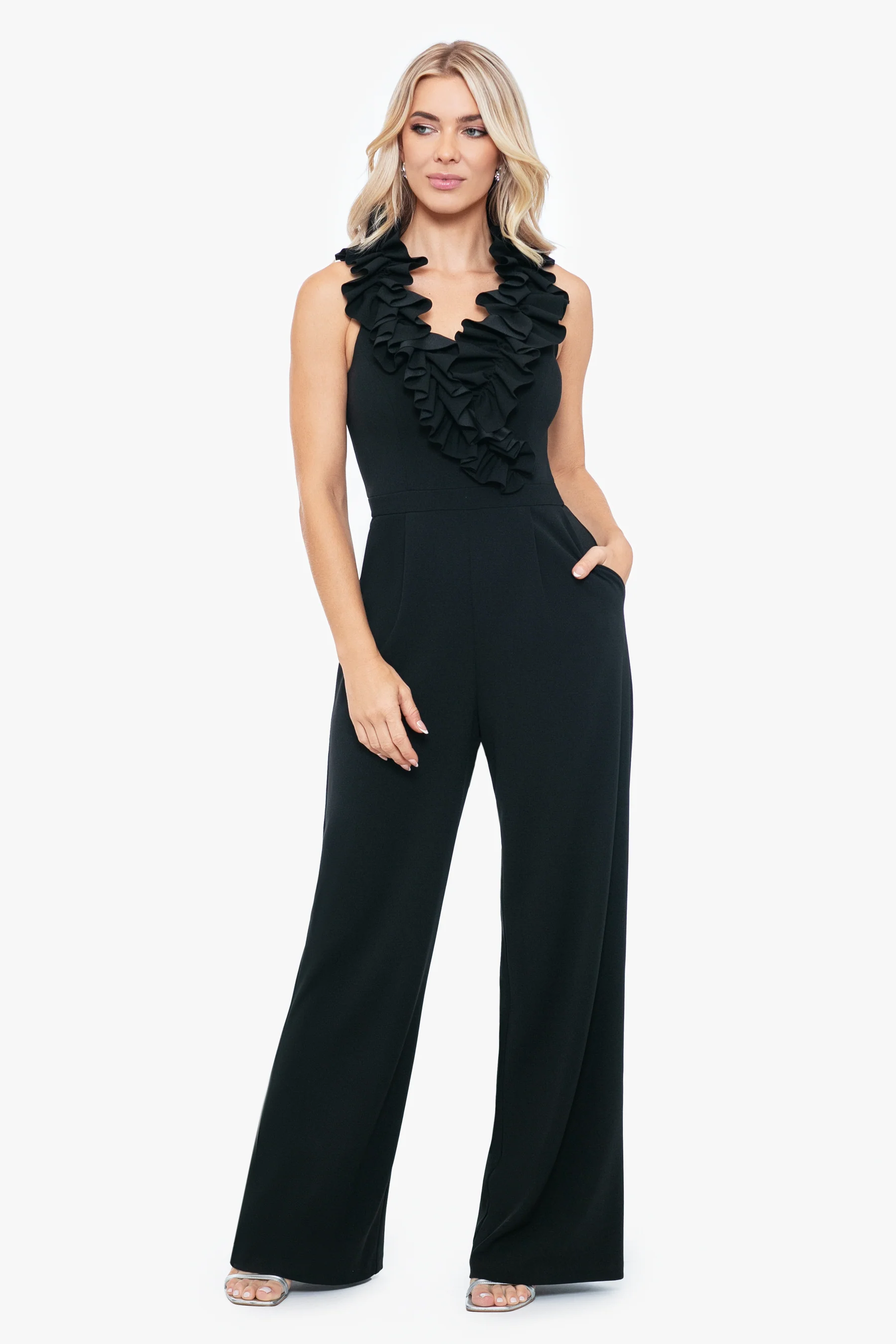 Curensology Cotton Ruffle Jumpsuit ブラック Xscape Evenings 