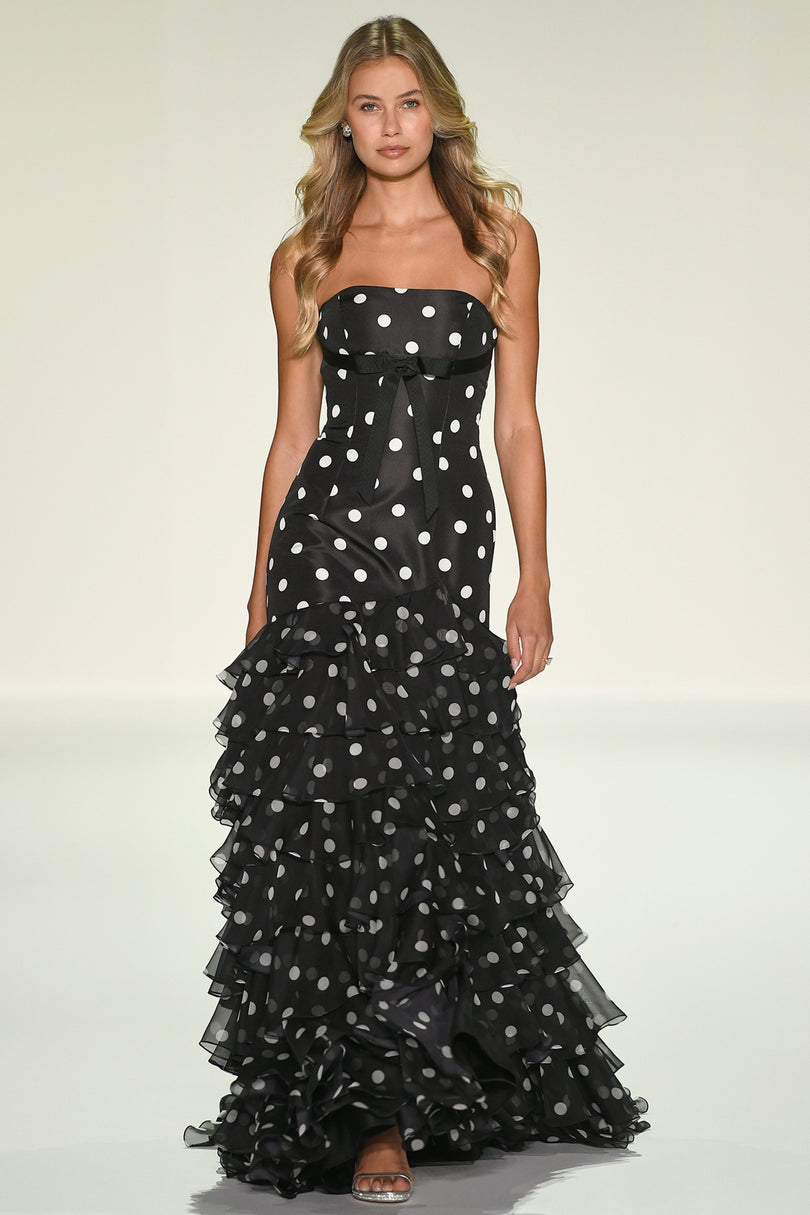 milly polka dot mermaid dress Sherri Hill Polka Dot Mermaid Ruffle Prom Dress 57826 Navy/Ivory / 00