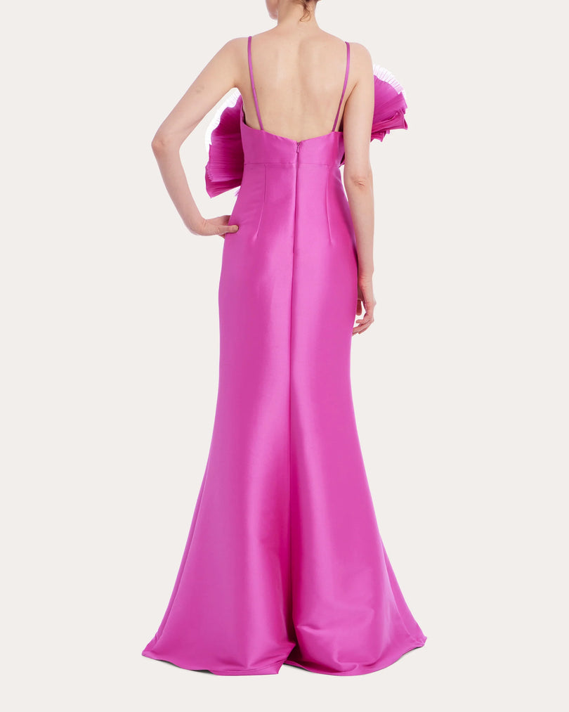 Badgley Mischka Pleated Ruffle Fan Flared Mikado Gown EG4416 Badgley Mischka Pleated Ruffle Fan Flared Mikado Gown EG4416