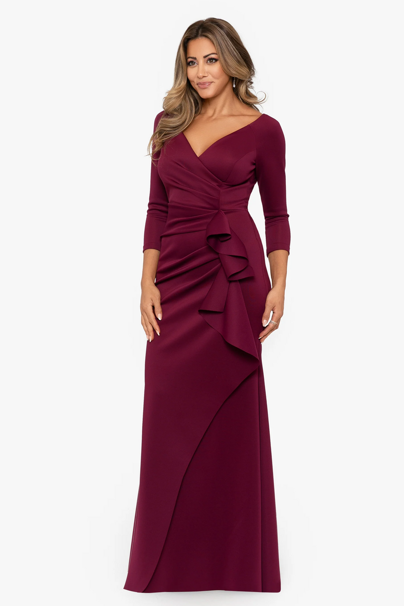Elegant Classy Church Dresses Plus "Pauline" Scuba Crepe 3/4 Sleeve Ruffle Floor Length Dress Elegant Classy Church Dresses Plus "Pauline" Scuba Crepe 3/4 Sleeve Ruffle Floor Length Dress