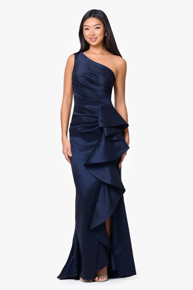 Betsy & Adam On Shoulder Taffeta Long Evening Dress A28177