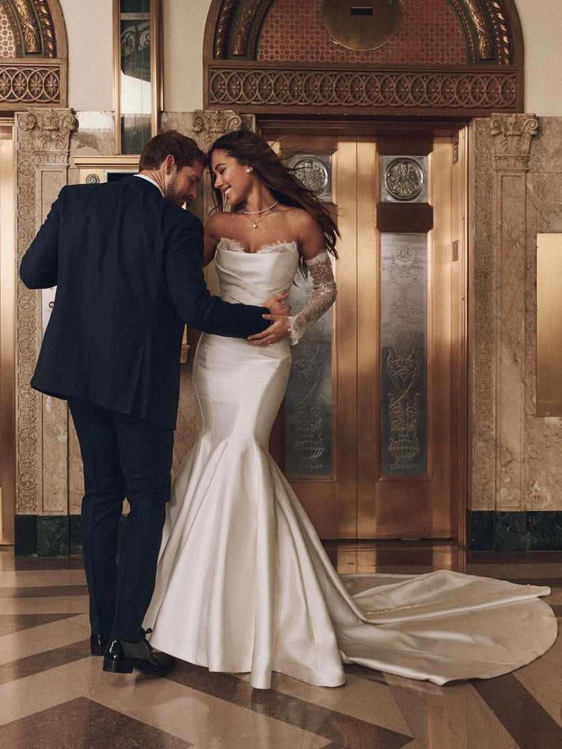 satin fitted wedding dress Maggie Sottero Leilani Fitted Satin Bridal Gown (with lace)