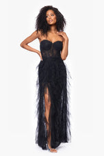 Betsy & Adam "Angelina" Strapless Mesh Ruffle Dress A26845