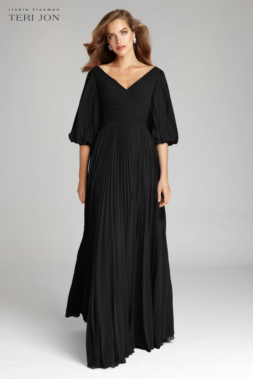 Teri Jon Pleated Chiffon Puff Sleeve Evening Dress 209098 Teri Jon Pleated Chiffon Puff Sleeve Evening Dress 209098