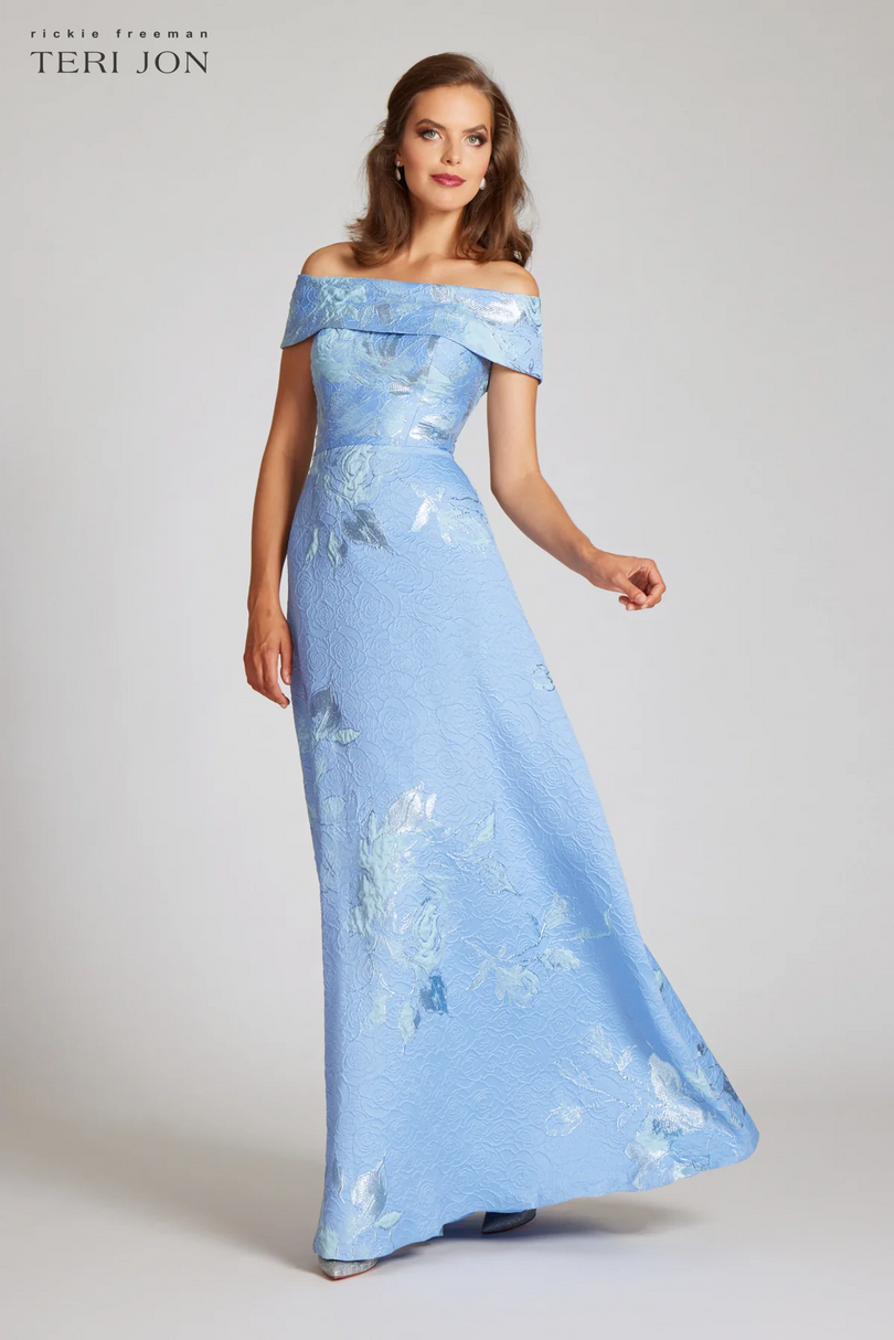 blue off the shoulder dress with flowers Teri Jon Floral Jacquard Off the Shoulder Gown 217048