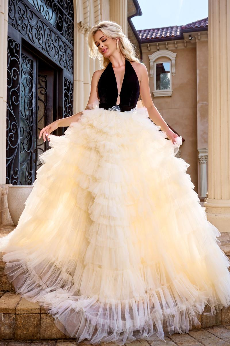 black and cream prom dress Black Polka Dot Cream Tulle Corset A-line Prom Dress