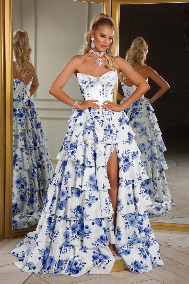Portia & Scarlett Blue & White Floral Prom Dress PS25966 Portia & Scarlett Blue & White Floral Prom Dress PS25966