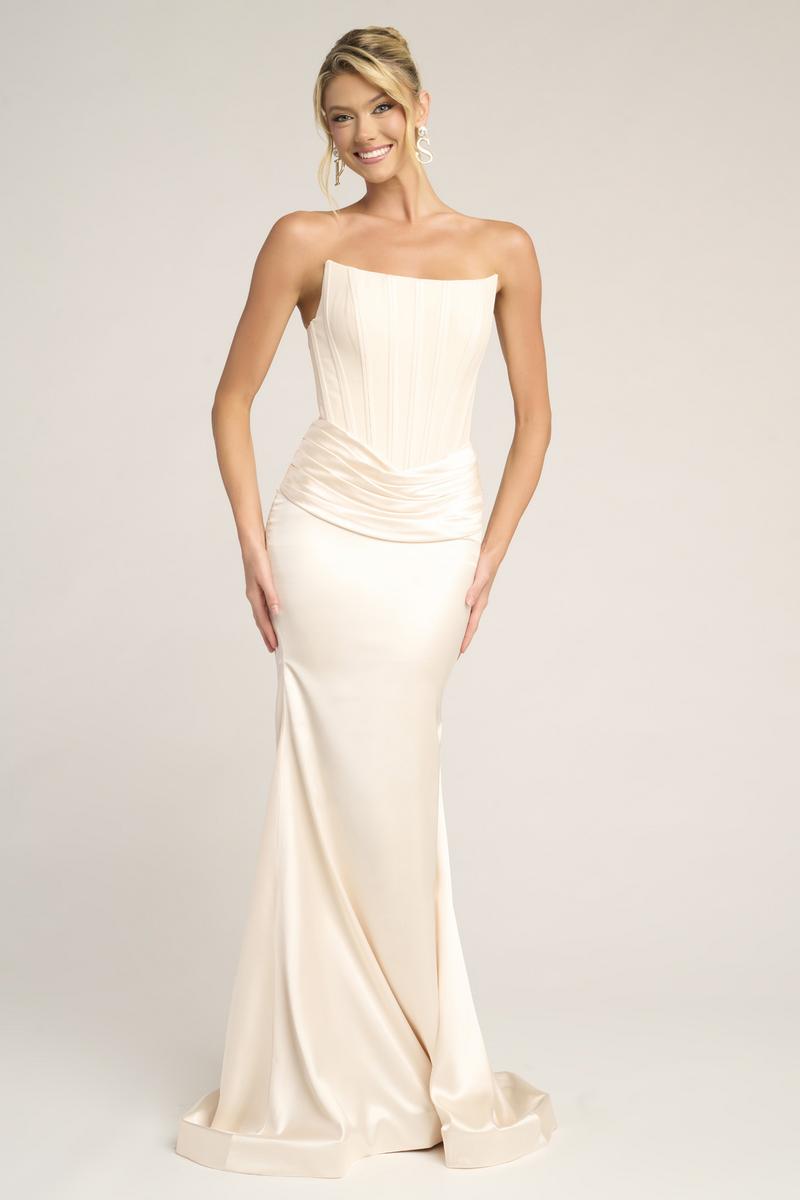 Portia and Scarlett Fitted Satin Corset Prom Dress PS26032 Portia and Scarlett Fitted Satin Corset Prom Dress PS26032