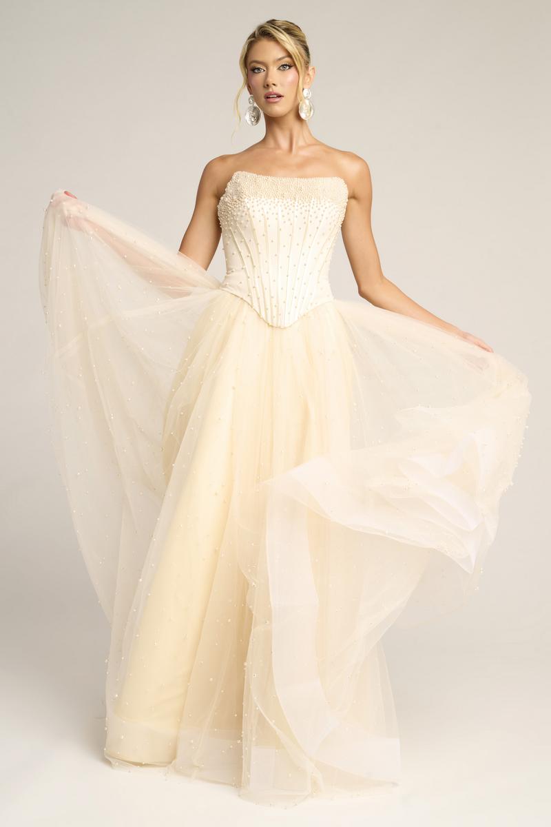 cream strapless prom dress Jovani 09631 Cream Tea Length Fitted Sequin Prom and wedding Dress