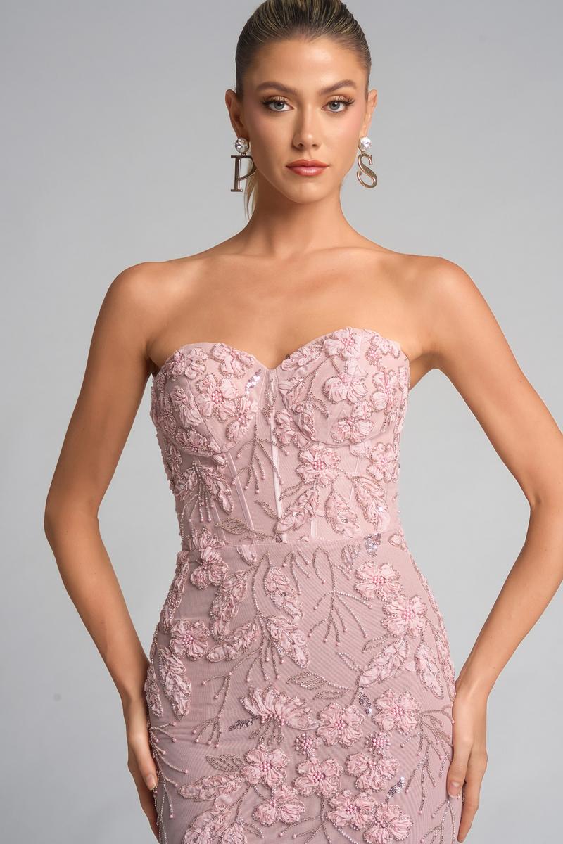 Portia and Scarlett Strapless Beaded Floral Prom Dress PS26074
