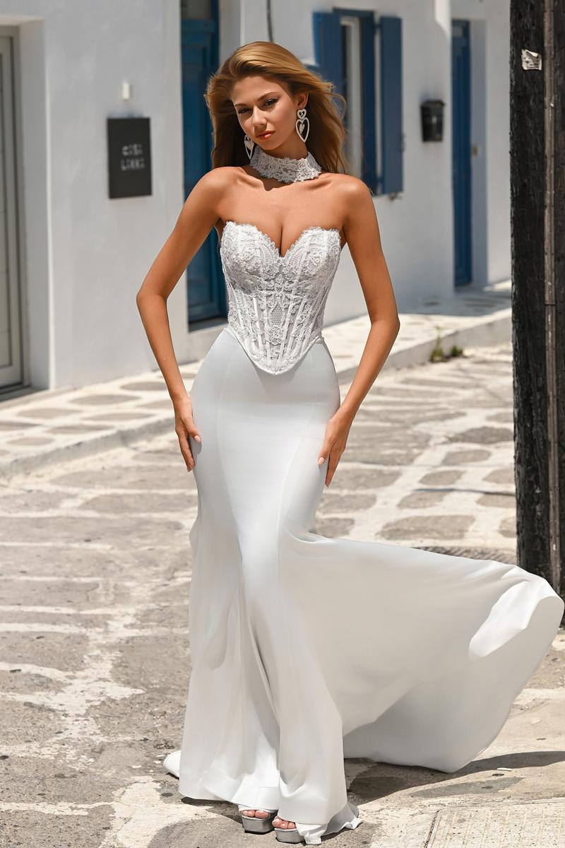 white corset prom dress Portia & Scarlett Lace Corset Prom Dress with Choker PS26086 Baby Pink / 0