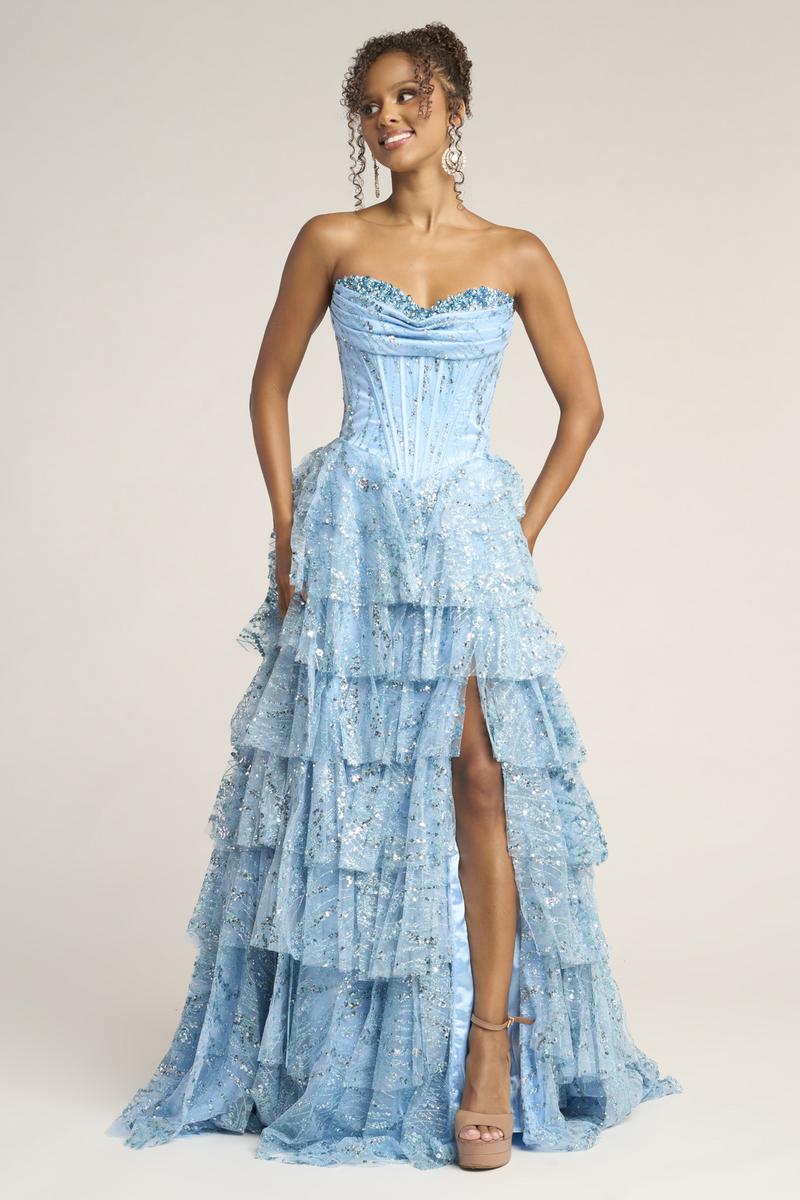 portia and scarlett ps 24402 sharkbite slit strapless corset dress Portia &Scarlett Sparkly Strapless Corset Prom Dress PS26099 Blue / 8