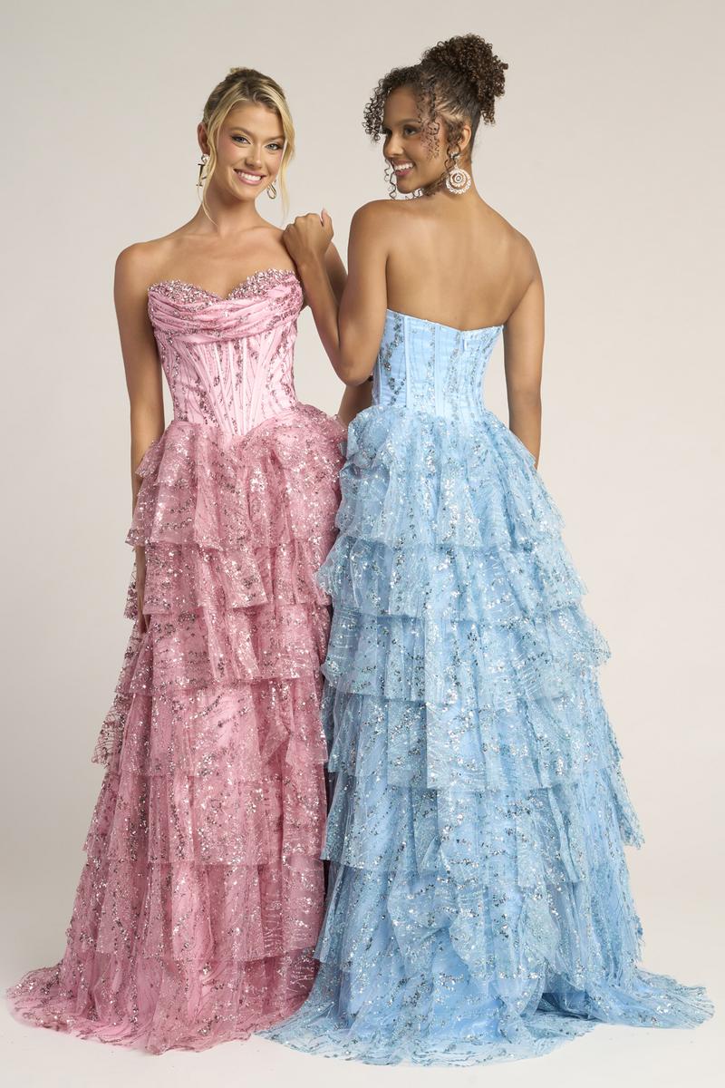 portia and scarlett ps 24402 sharkbite slit strapless corset dress Portia &Scarlett Sparkly Strapless Corset Prom Dress PS26099 Gold / 4