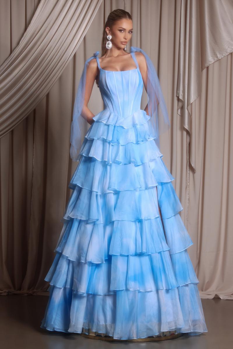 Portia and Scarlett Corset Ruffle Prom Dress with Bow Straps PS26143