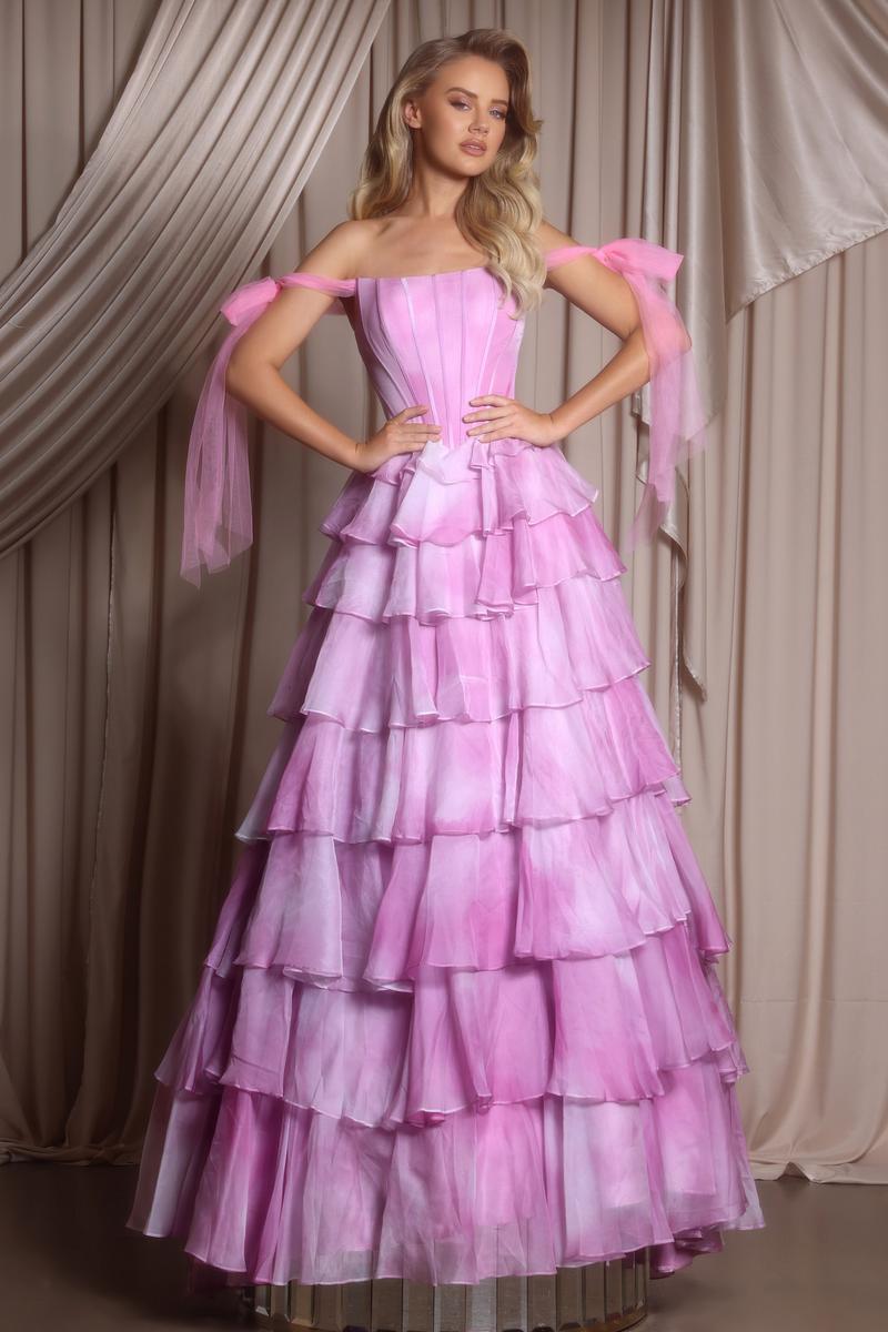 enchanted forest prom dresses Portia & Scarlett Corset Ruffle Prom Dress Bow Strap PS26143 Light Pink / 10
