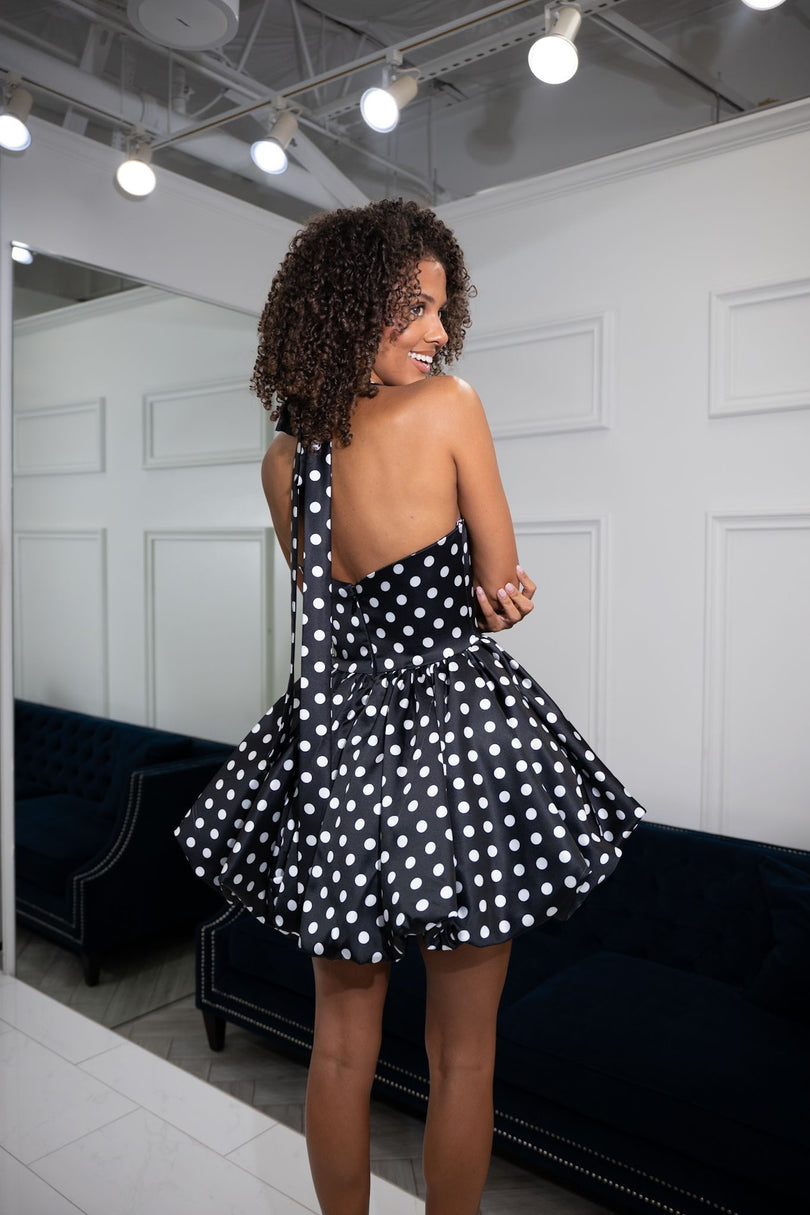 Portia and Scarlett Satin Polka Dot Halter Hoco Dress PS26718