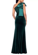 Betsy and Adam "Elena" Velvet One Shoulder Bow Dress A26732