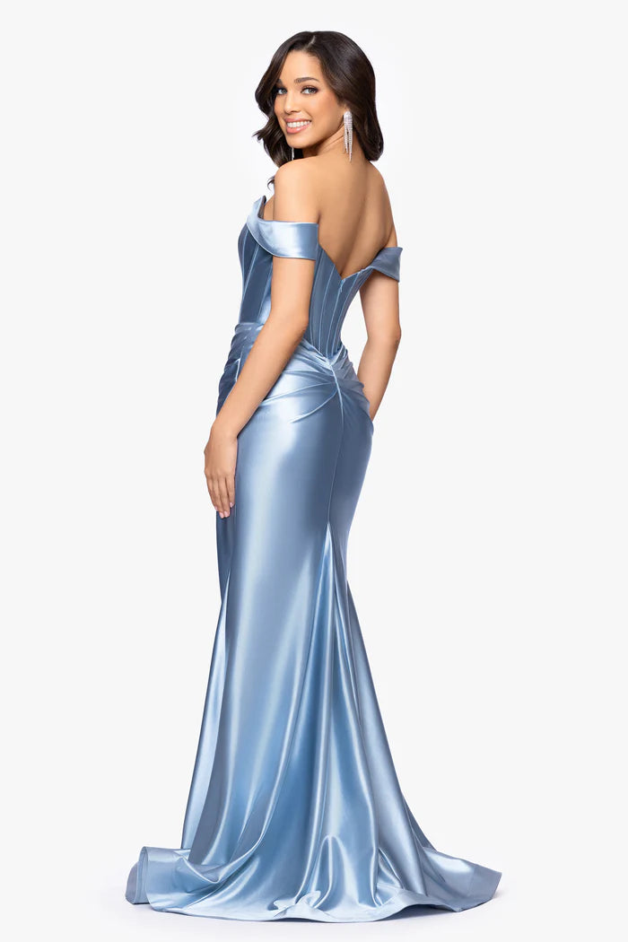 Betsy & Adam Off the Shoulder Corset Long Dress A27896