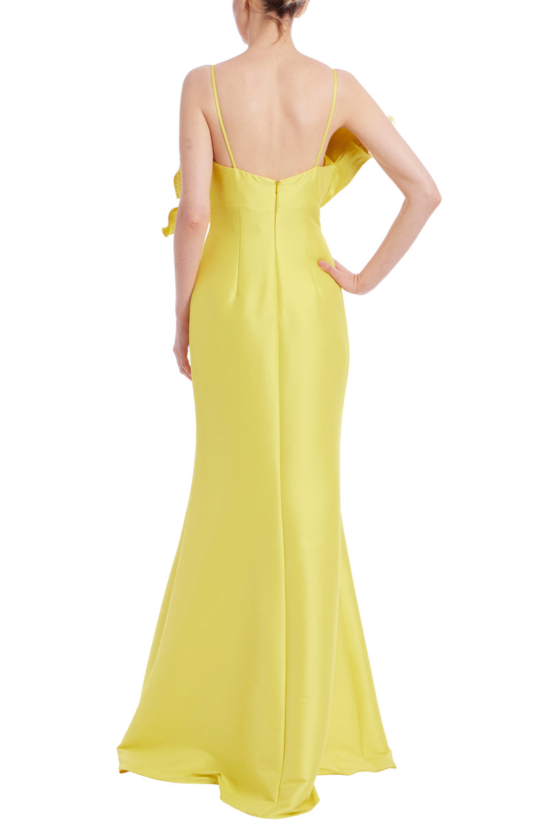 Badgley Mischka Pleated Ruffle Fan Flared Mikado Gown EG4416 Badgley Mischka Pleated Ruffle Fan Flared Mikado Gown EG4416