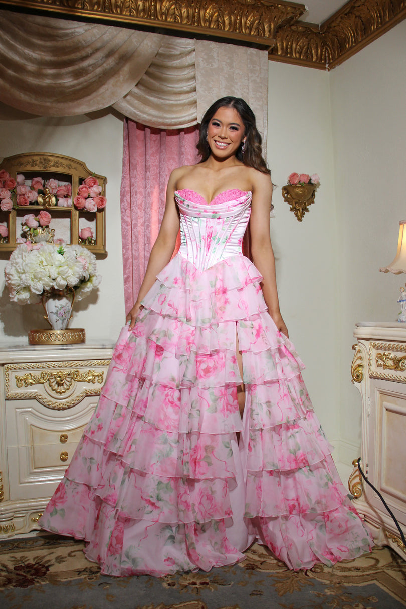 Sherri Hill Strapless Floral Corset Prom Dress 57820 Pink Print / 0 Sherri Hill Strapless Floral Corset Prom Dress 57820 Pink Print / 0